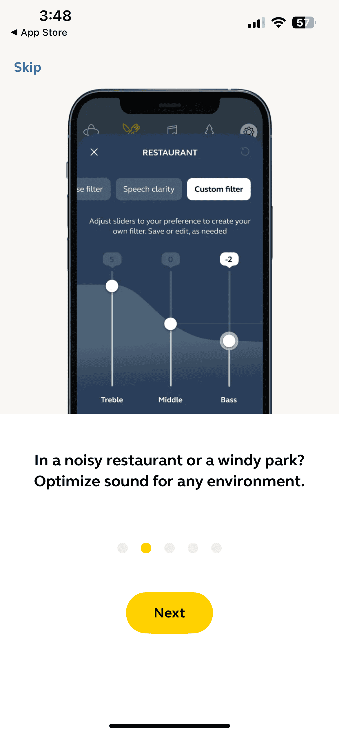 Adjusting the settings for the restaurant mode in the Jabra Enhance app Jabra Enhance app