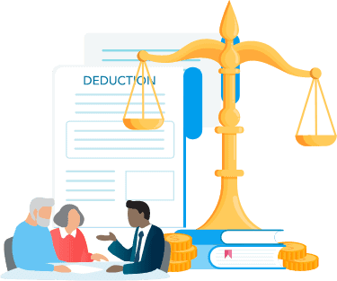 Property Tax Exemption Three people discussing Deduction document next to a scale