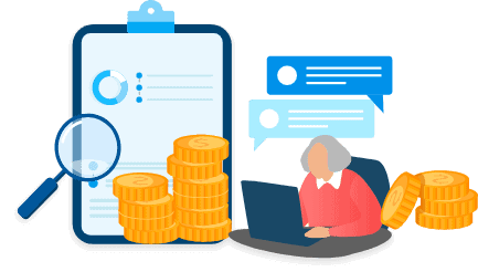 Saving Money on Taxes Magnifying glass over clipboard and woman on computer