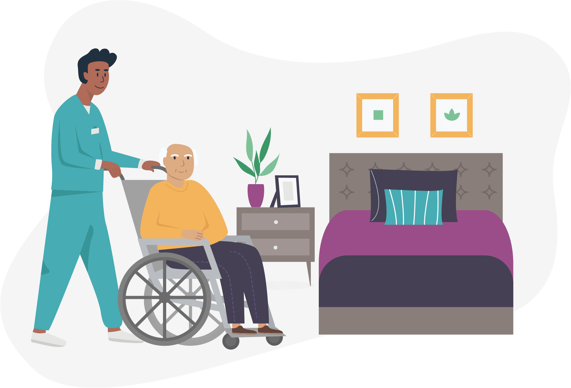 Nursing Home and Assisted Living Regulations Caregiver helping person in wheelchair next to bed