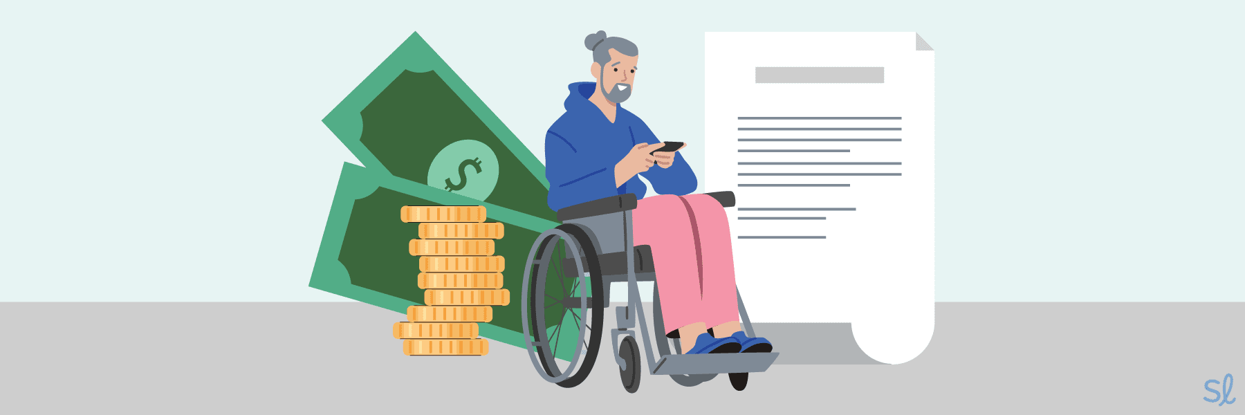 Supplemental Security Income Person in wheelchair using cell phone. Green bills and coins and a white document in background.